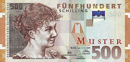 500 Schilling Banknote, auf der Rosa Mayreder abgebildet ist.